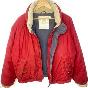 Vintage John Ashford Men’s Red Quilted Down Puffer Bomber Jacket Wool Trim Large
